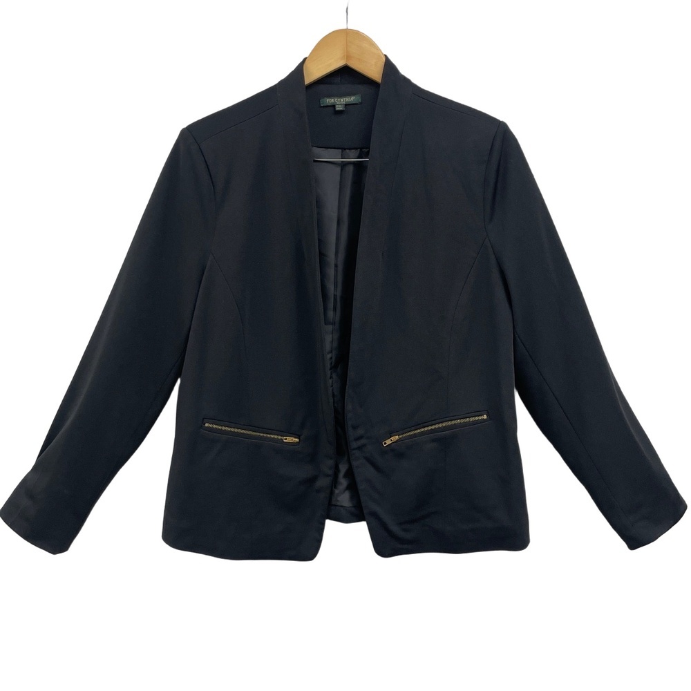 For Cynthia Black Open‎ Front Zipper Accent Blazer Jacket Petite XL